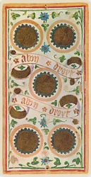 Az öt érme, egy tarot kártya fakszimiléje a "Visconti" pakliból, 1441-47.
